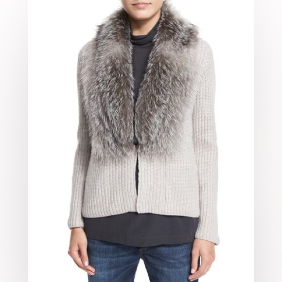Brunello Cucinelli Sweaters - NEW BRUNELLO CUCINELLI gray thick 100% cashmere raccoon real fur trim sweater L